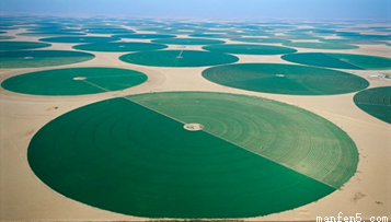 下图所示为沙特阿拉伯沙漠中的灌溉农业景观图